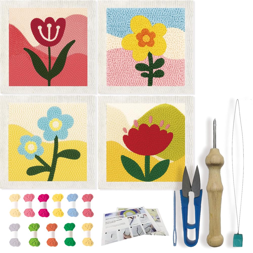 FREEBLOSS 4 Set DIY Punch Needle Kit Abstract Flowers Punch Needle Embroidery Wall Hanging Painting Punching Needles Starter Kit for Beginners with Complete Tools, Already Framed, 9.4x9.4inch