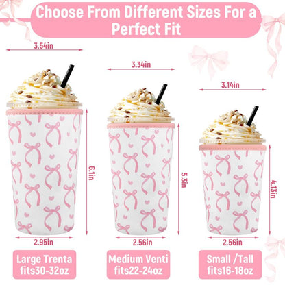 SiliFine 3 Pack Reusable Iced Coffee Cup Sleeve Insulated Neoprene Cup Holder for Iced & Hot Drinks Pink Coquette Bow Coffee Sleeve for Cold Beverages(Bow and Heart)