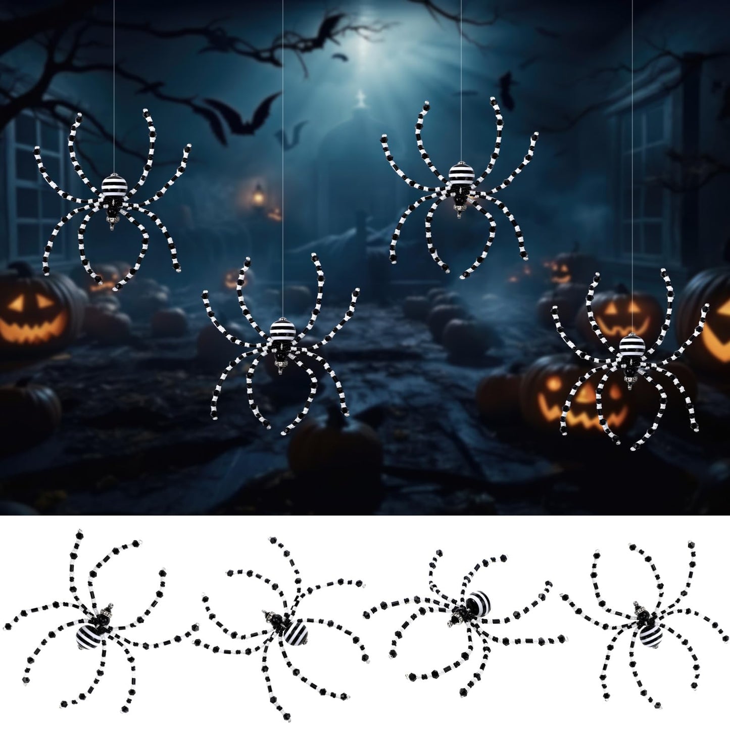 Reallnaive 8 Pcs Black and White Halloween Spider Ornament Beaded Hanging Ornaments Decorations for Halloween Decor Gift