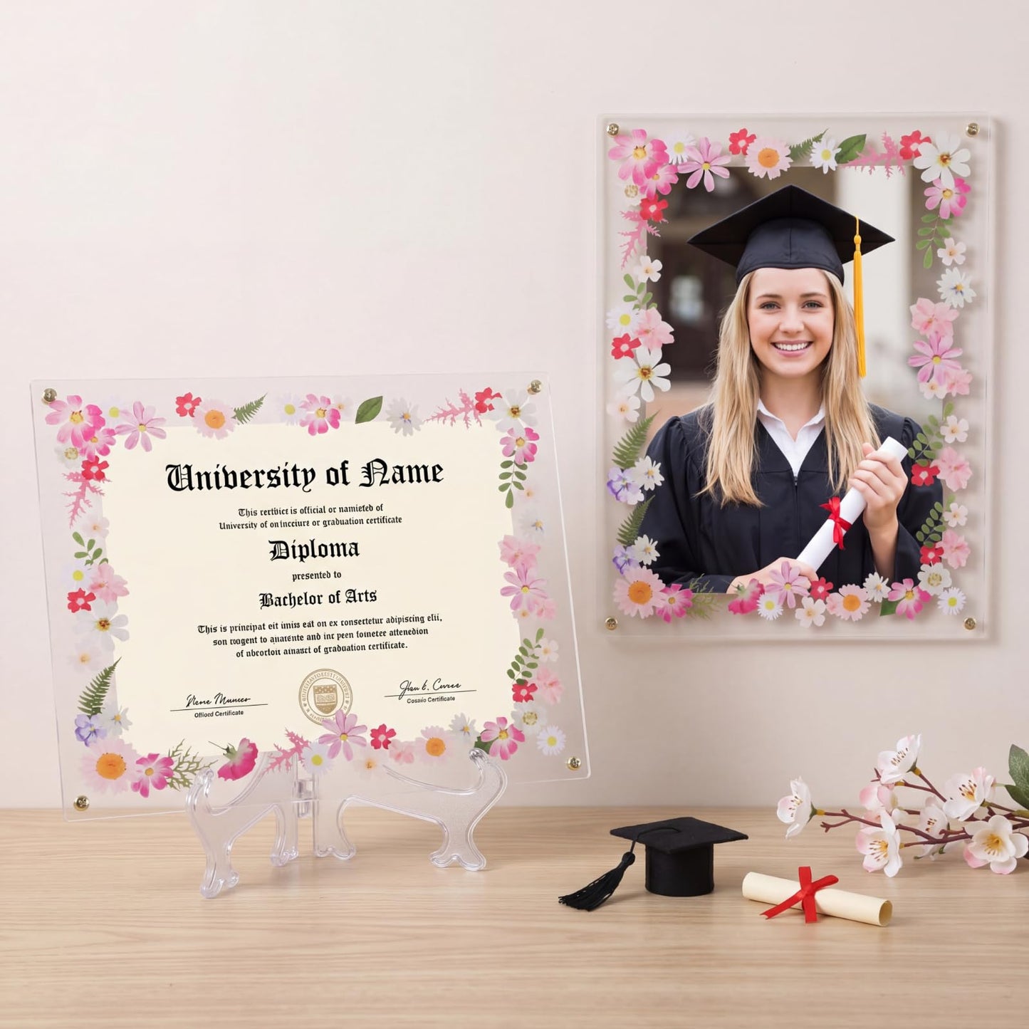 Novabright 2 Set 2026 5.5x8.5 Floral Acrylic Graduation Certificate Frame Pressed Wildflower Wall Mount Floating Picture Frame A4 Photo for Graduation Diploma Degree Document Memory Picture Gift