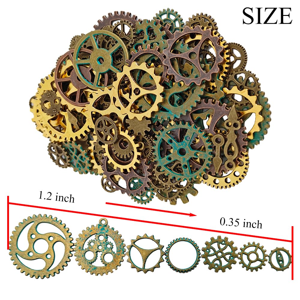Antique Metal Steampunk Gears Charms Pendant Bulk Mix Steampunk Wheel Alloy Gear 200 Gram about 260 Pieces Different Size 4 Color Antique Metal Free of Rough Edges for Crafting Jewelry Making