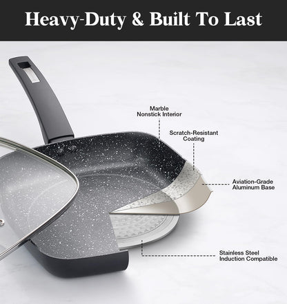 KOCH SYSTEME CS Nonstick Grill Pan 11 Inch, Marble Coating Square Grill Pan with Lid, Ultimate Nonstick Square Skillet with Bakelite Handle, Compatible with All Stovetops, Toxic-Free, 11 Inch