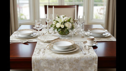 Lorren Home Trends 24 Piece Bone China Dinnerware Set with Gold Greek Key Design, Service for 4, White