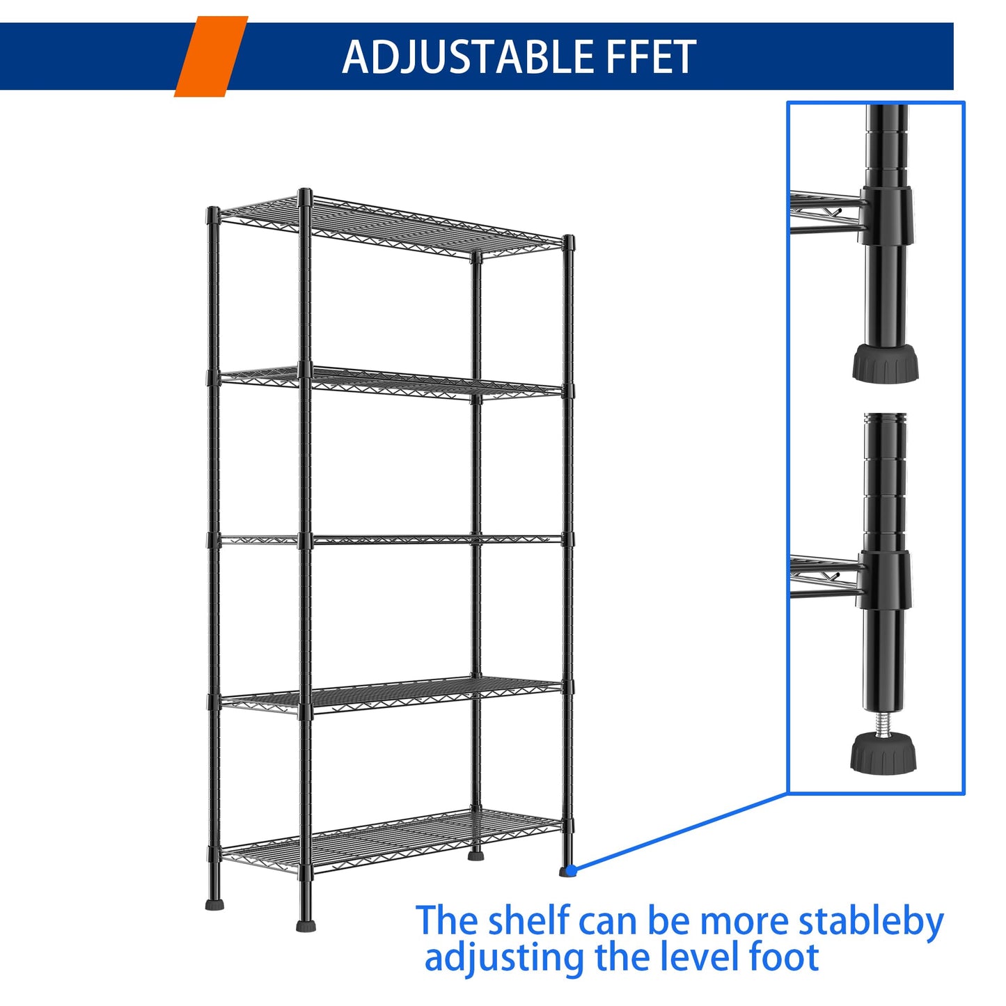 REGILLER 5-Wire Shelving Metal Storage Rack Adjustable Shelves,Standing Storage Shelf Units for Laundry Bathroom Kitchen Pantry Closet(Black,11.8" D x 16.6" W x 53.5" H)