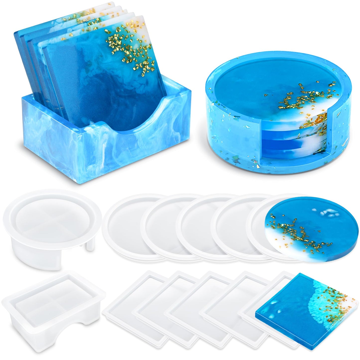 Vakoo Resin Coaster Molds, 12 Pcs Coaster Silicone Molds for Epoxy Resin, with Square Round Shape Storage Box Molds for DIY Art Craft Cup Mats