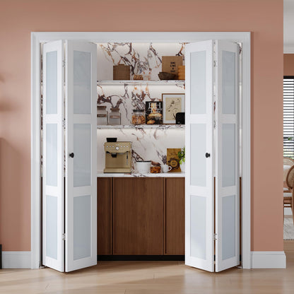 EaseLife Preassembled Bi-Fold Doors, for 72"x 80" Opening,Tempered Frosted Glass Closet Folding Barn Door with Concealed Hardware Kit,MDF Wood Panel,Water-Proof PVC Surface,Easy Installation