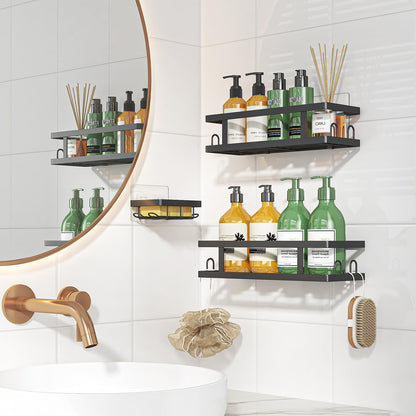 12 Storage,Black,3 Pack Youvip Adhesive Shower Caddy,Shower Shelves with Soap Holder and Hooks,Rustproof No Drilling