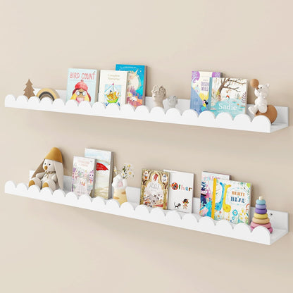 36 Inch Set 2, Fun Memories Scalloped Nursery Shelf, White Picture Ledge for Wall, of Kids Book Shelves with Floating