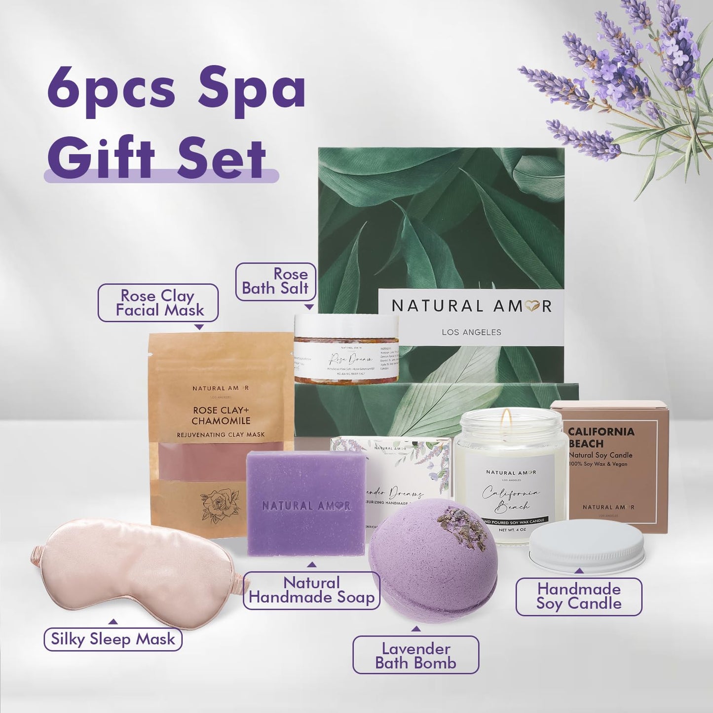 Natural Amor Spa Gift Set for Women – 6-Piece Self Care Gift Box with Handmade Soap, Bath Bomb, Candle & Skincare, Ready-to-Gift Relaxation Set