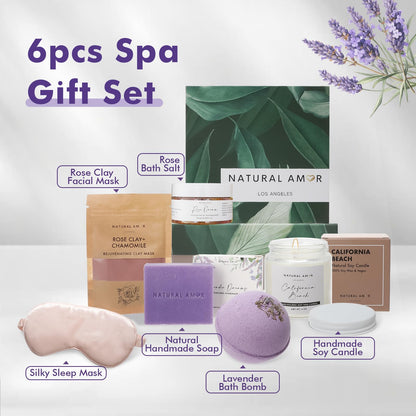 Natural Amor Spa Gift Set for Women – 6-Piece Self Care Gift Box with Handmade Soap, Bath Bomb, Candle & Skincare, Ready-to-Gift Relaxation Set