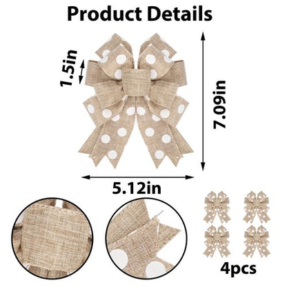 chmacura 4 Pieces Natural Burlap Wreath Bow 5 x 7 Inches Circle Dots Craft Bow Birthday Anniversary Tree Topper Ornament Bow for Home Front Door Decorations