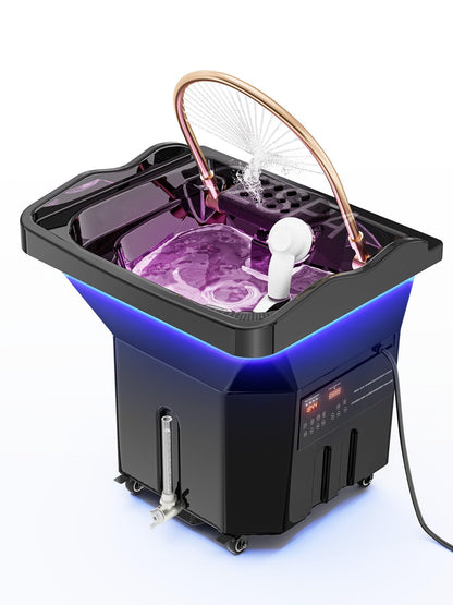 QEGOON Professional Head Spa Equipment, Portable Shampoo Bowl with LED Light Therapy, 60L Large Water Tank, Constant Temperature Water Circulation Shampoo Station for Beauty Salons Spas