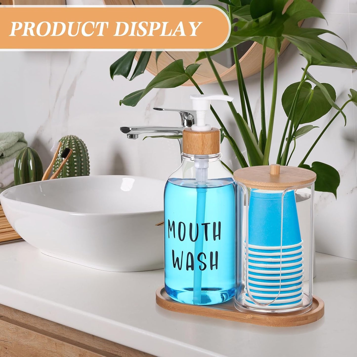1 Set 17 Oz Mouthwash Dispenser for Bathroom Refillable Mouth Wash Pump Bottle Paper Cup Holder with Bamboo Lid