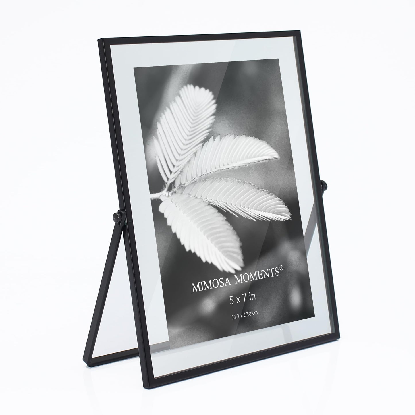 MIMOSA MOMENTS 5x7 Black Metal Floating Picture Frame, Double Glass Tabletop Display, Modern Minimalist Photo Frame for Home & Office Decor