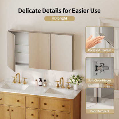 DeerValley Medicine Cabinet with Mirror, 48" W x 26" H Bathroom Mirror with Storage, 3 Doors Frameless Modern Wall Mount Mirrored Medicine Cabinets with 2 Adjustable Shelves DV-1MC0149