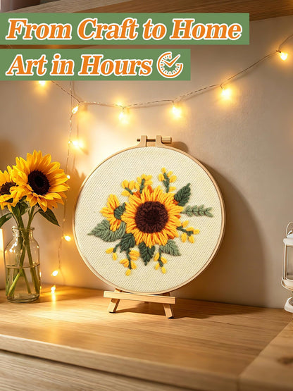 Punch Needle Kit Adults Beginner - Includes Hoop/Needle/Yarns/Punch Needle Fabric with Pattern, Embroidery Craft Gifts for Women Mother, Cute Sunflower