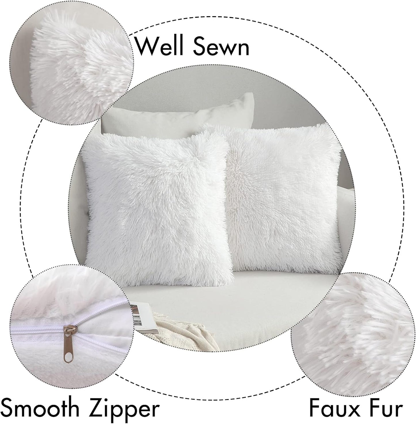 MIULEE Pack of 2 Luxury Faux Fur Throw Pillow Covers - Decorative Plush Pillow Case for Sofa, Bedroom, 16x16 Inch, White