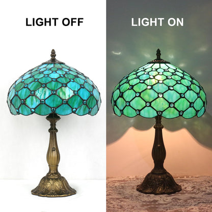 TFNALNB Tiffany Lamp, W12H19 Inch Sea Blue Pearl Style Stained Glass Table Lamp, Antique Desk Light with Resin Base, Art Decor Table Lamp
