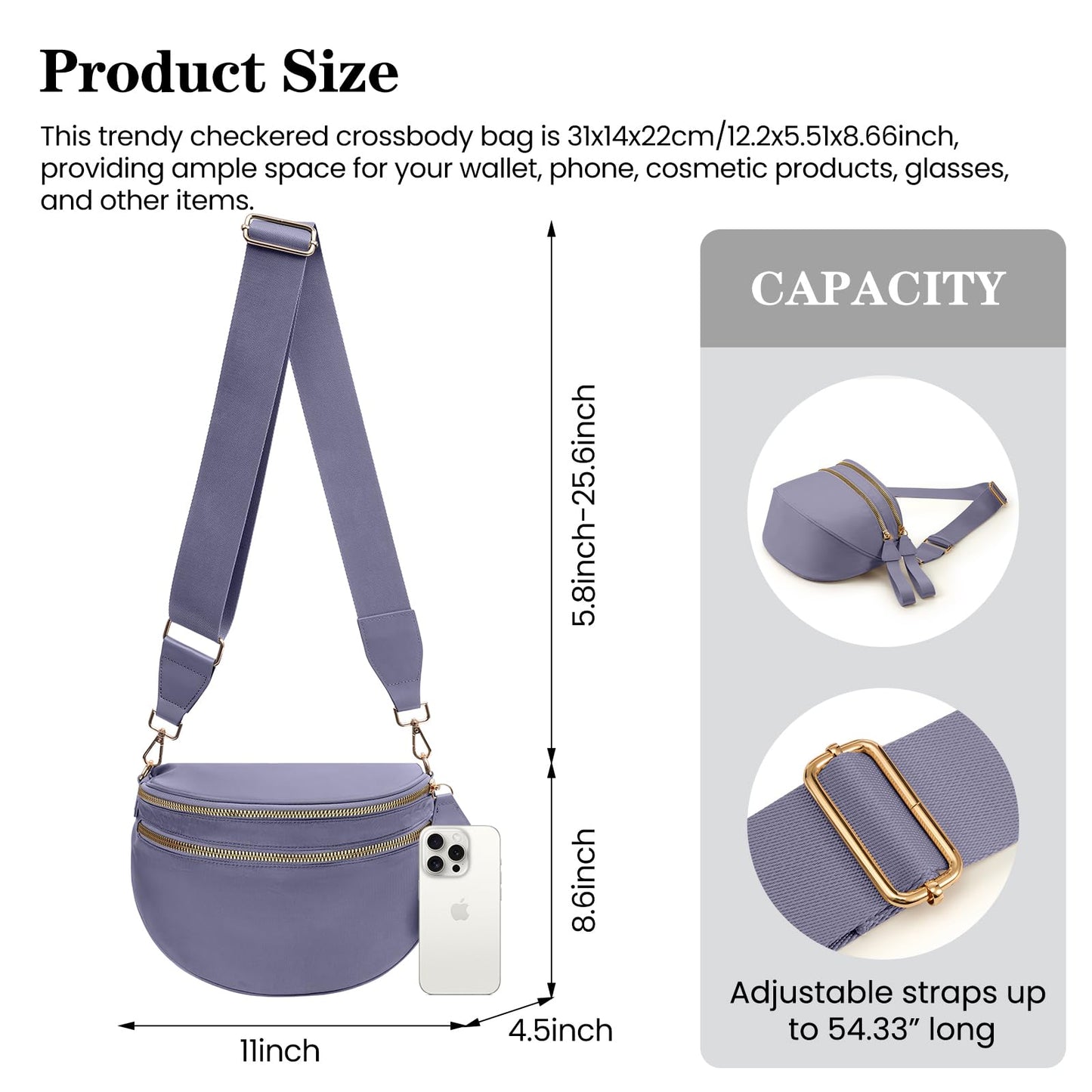 Nylon Crossbody Bags Bum Bag for Women Large Sling Bag Purse with Adjustable Strap（Black）