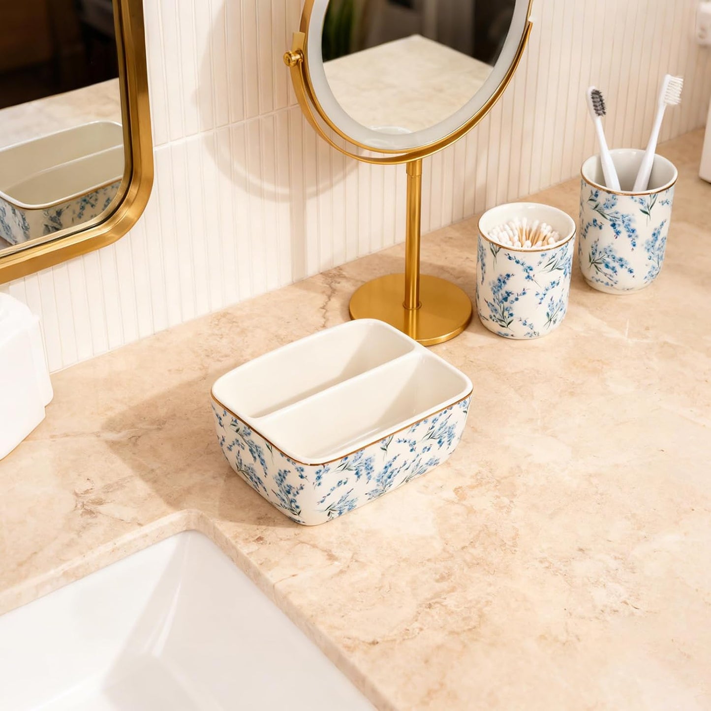 2 Countertop Compartments Ceramic Sponge Holder for Kitchen Sink, Cute Floral Dish Sponges Holder Soap Sink Organizer