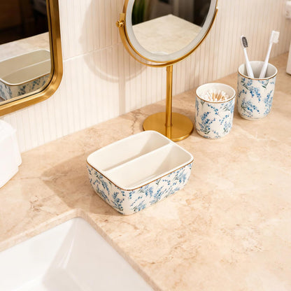 2 Countertop Compartments Ceramic Sponge Holder for Kitchen Sink, Cute Floral Dish Sponges Holder Soap Sink Organizer