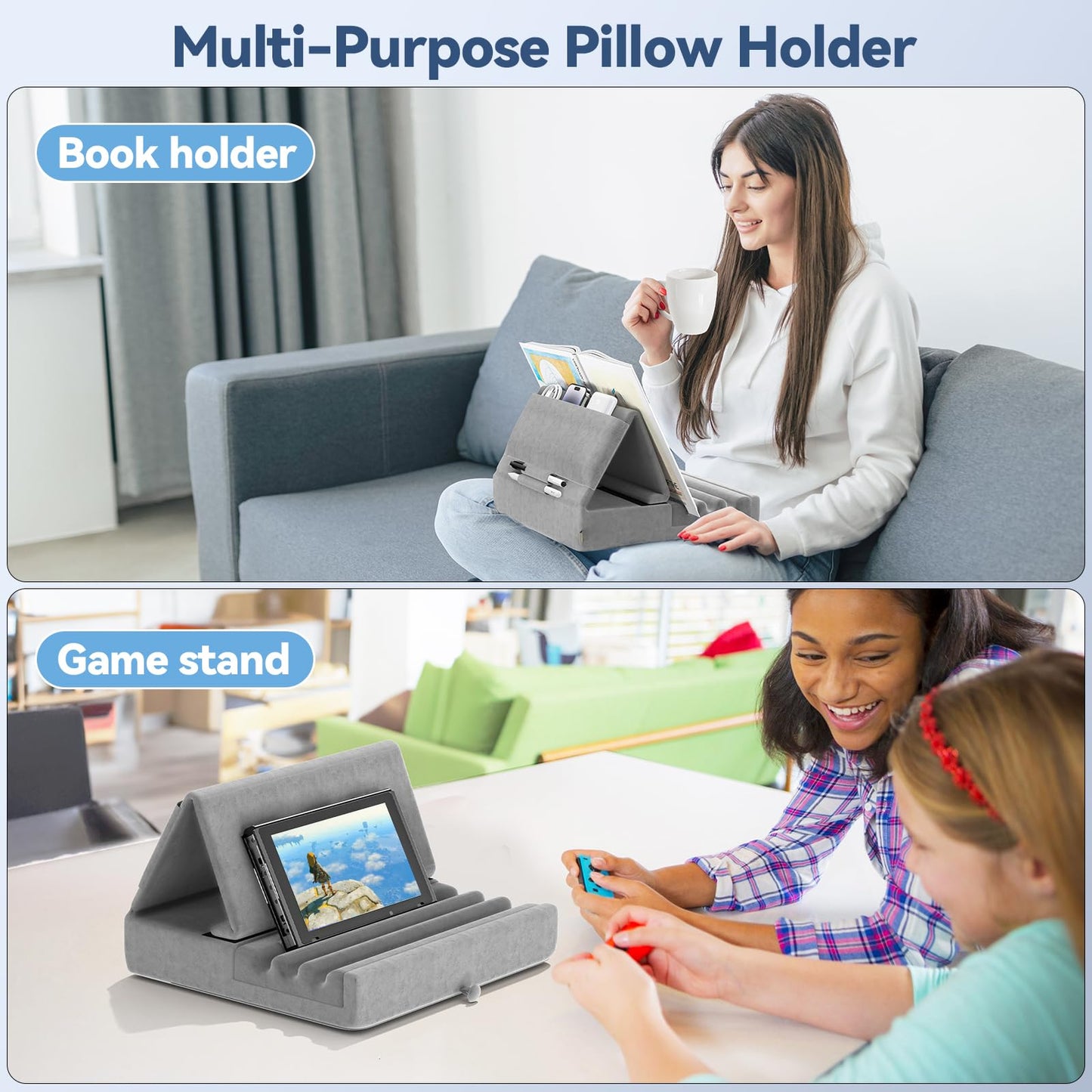 KDD Tablet Pillow Holder, Foldable iPad Stand for Lap, Bed and Desk -Tablet Soft Pad Dock with Pocket & Stylus Mount Compatible with iPad Pro 12.9, 10.5, 9.7 Air Mini 6 5 4 3, Galaxy Tab, E-Reader