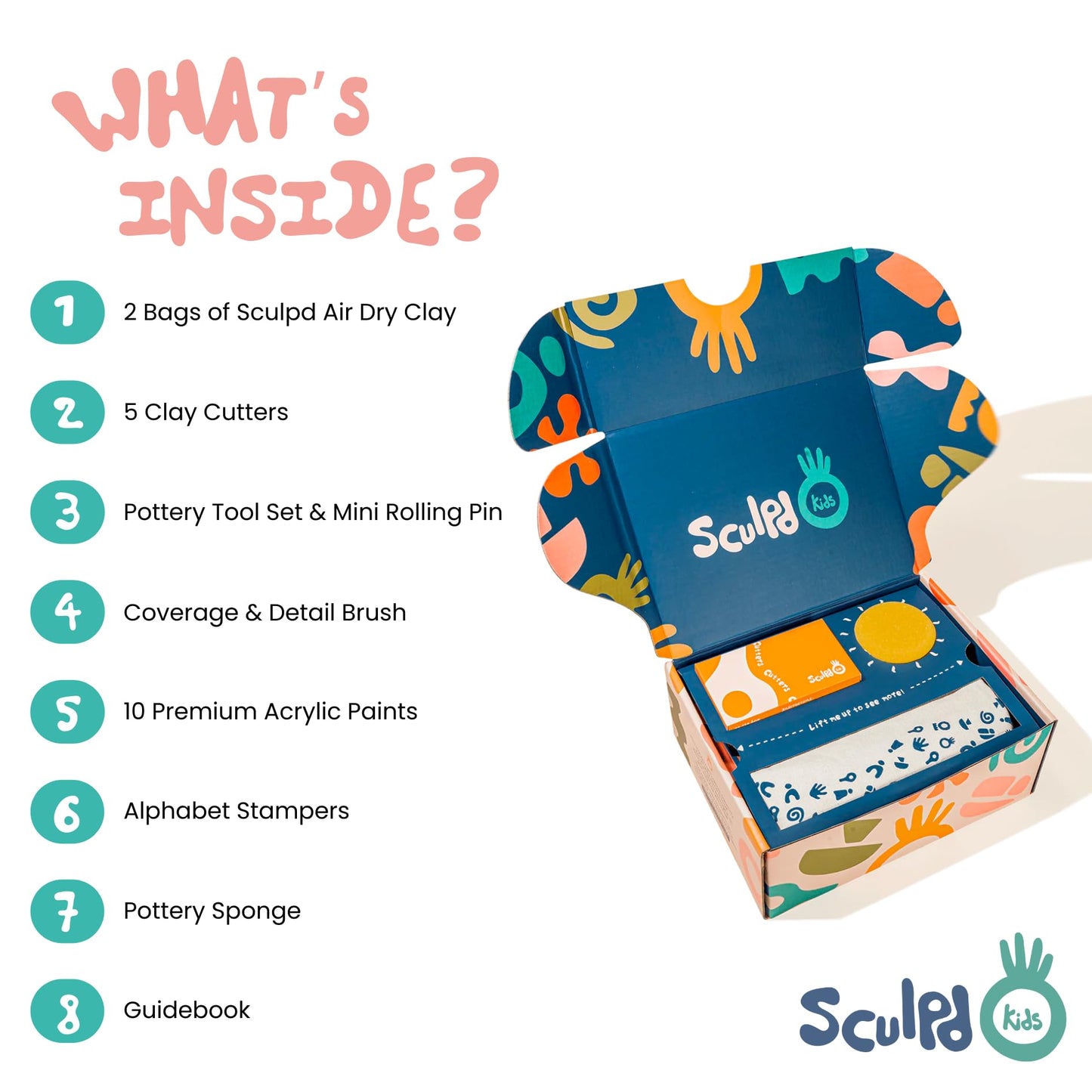 Sculpd - The Original Kids Pottery Kit, Air-Dry Clay Starter Kit for Kids Age 4 to 6, Air Dry Clay with 10 Colour Paint Set, Paintbrushes, Tool Set, Alphabet Stampers, Sponge and Step-by-Step Guide