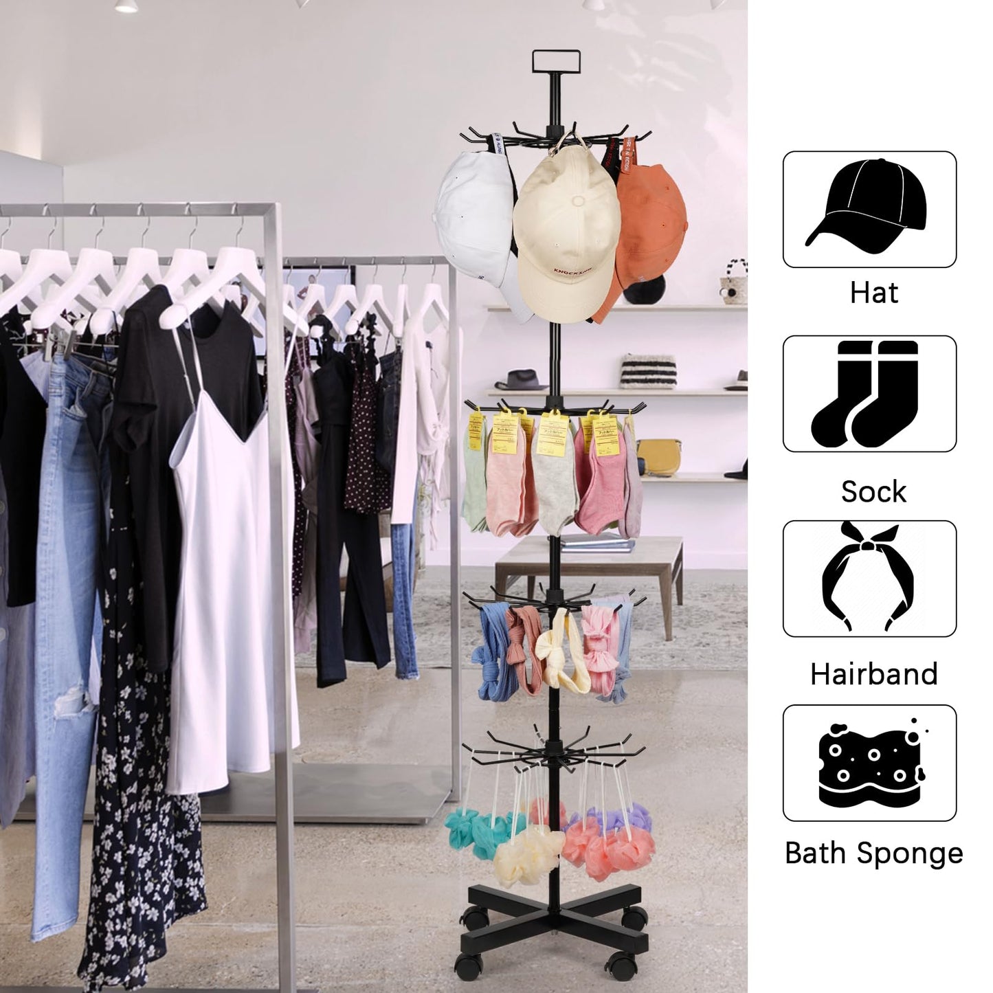 Exttlliy 5-Tier Metal Spinning Display Stand Rack with Wheels, Black Iron, 50 Hooks, Lockable Wheels, Ideal for Jewelry, Accessories, Foods