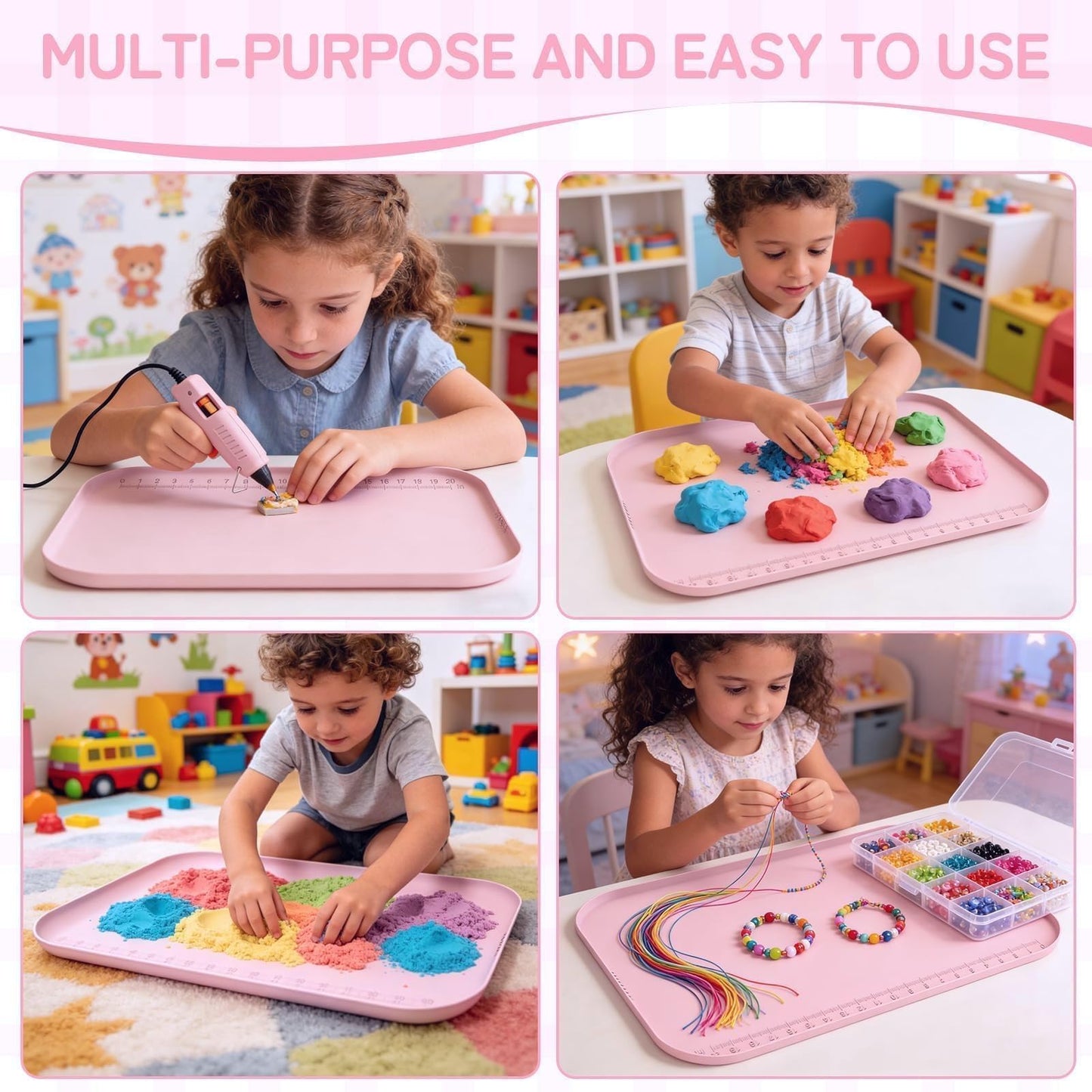 AWOKE 24"x16" Silicone Mats for Crafts with 0.7" High Edges, Large Leak-Proof Art Mat for Playdoh, Resin, Painting, Clay, Slime,Beads, Lego, Puzzle, Non-Stick & Non-Slip Table Protector for Kids, Pink