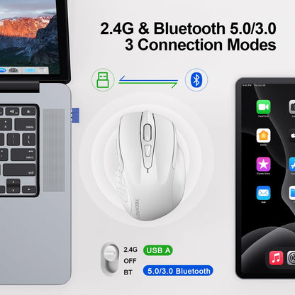 TECKNET Wireless Mouse (BT5.0/3.0 & 2.4G) Rechargeable 4800 DPI Silent USB A & Bluetooth Mouse 6 Buttons, Wide Compatibility - Grey