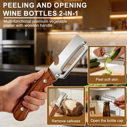 Premium Vegetable Peeler with Wooden Handle and Bottle Opener,2-in-1 Stainless Steel Kitchen Tool for Fruit Potato Zucchini Pumpkin Papaya(2 PSC)