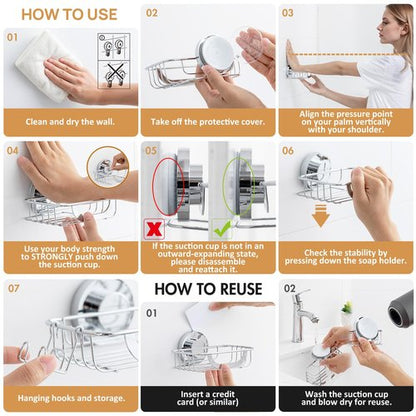 LEVERLOC Bar Soap Holder Dish with Hooks, Soap Tray Suction Cup Wall Mounted for Shower, Stainless Steel Sponge Holder Caddy for Bathroom Kitchen Sink Organizer, Rustproof, Silver