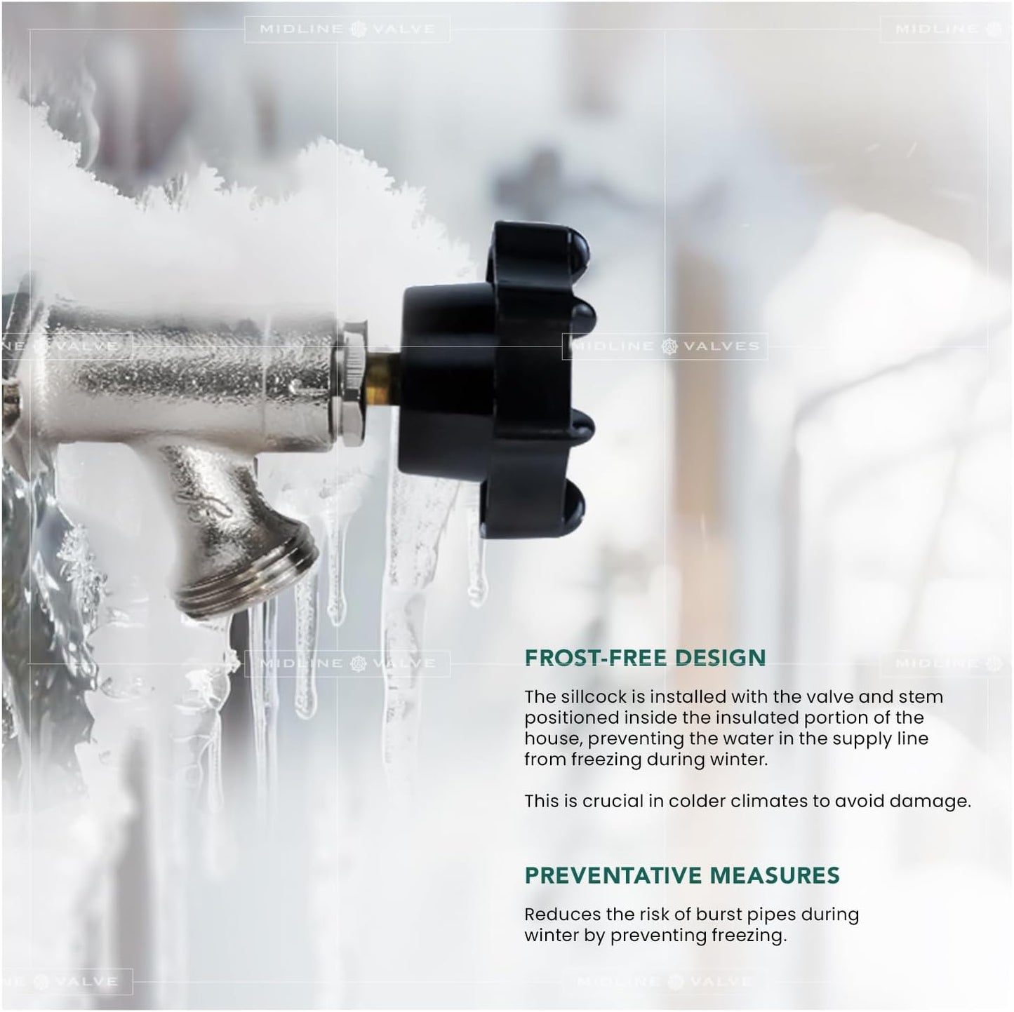 8 Inch 1/2" 3/4" Midline Valve Frost-Free Sillcock, Chrome-Plated Brass Body MIP/Sweat Inlet x Hose Bib Outlet