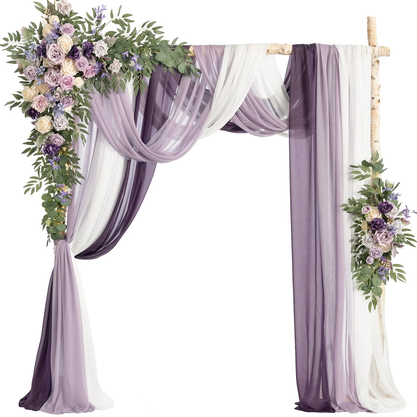 Ling's moment Wedding Arch Flowers with Sheer Drapes Kit - Artificial Purple and Gold Rose Floral Arrangements for Ceremony Backdrop, Arbor Decor, 5-Piece Set (2 Flower Stems + 3 Hanging Drapes)
