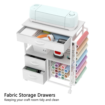 VENNQD Storage cart Compatible with Cricut Machines Stand Cutting Machine Stand with Drawers and Vinyl Roll Holder Rolling Craft Cabinet Table for Cricut Craft Workstation for cart Craft Room (White)