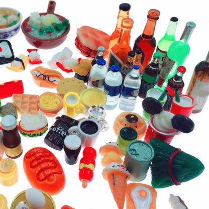 SIX VANKA Miniature Food Drinks Toys 110pcs Mixed Resin Pizza Hamburgers French Fries Wine Decoration Tableware Doll house for Adults Childrens Pretend Play Kitchen Cooking Game Birthday Party Present
