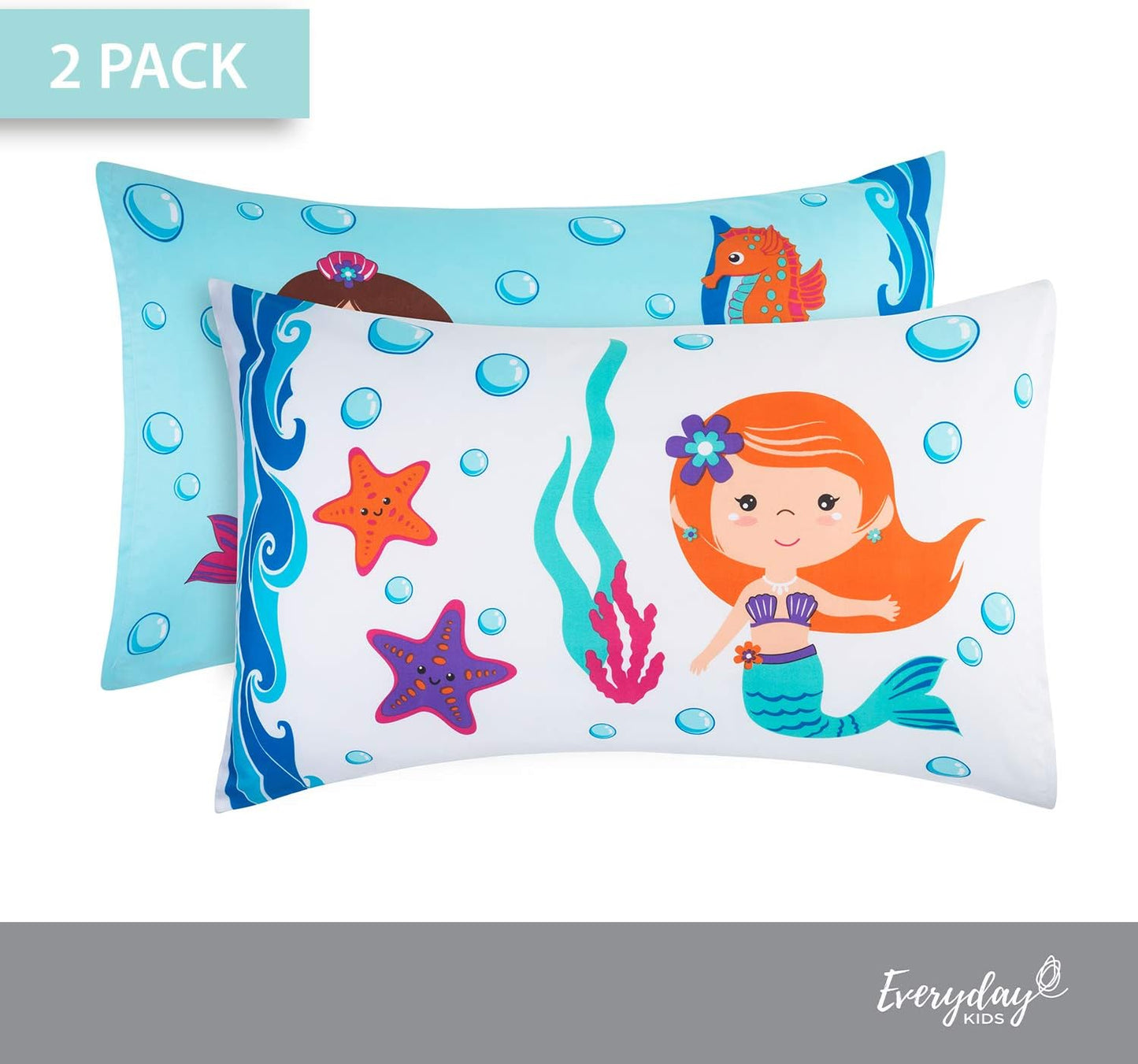 Everyday Kids 2-Pack Standard Size Pillowcases, 20 x 26”, 100% Soft Microfiber, Mermaid