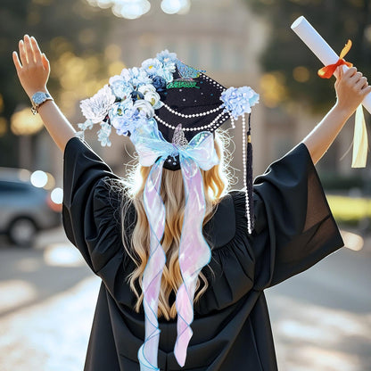 Pineraap Graduation Cap Decorations Kit, Artificial Flower Heads 3D Butterfly Stickers Rhinestones Letter Number Stickers Pearls String Decor Ribbon for DIY Grad Cap Topper Party Supplies, Blue