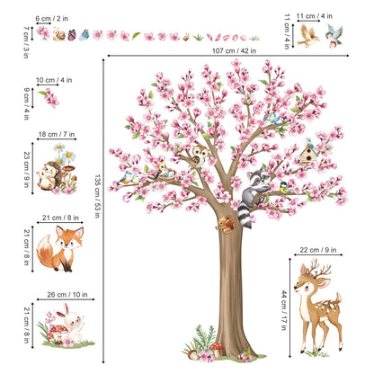 decalmile Woodland Animals Large Flower Tree Wall Decals Cherry Blossom Deer Fox Wall Stickers Baby Nursery Kids Bedroom Living Room Wall Decor