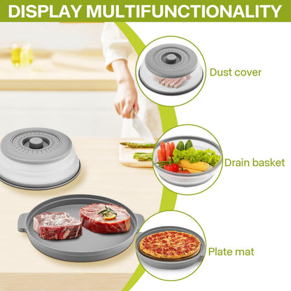 Microwave Splatter Cover for Food with Anti-scald Base Plate,Large Plastic & Silicone Vented Avoid Scalding Collapsible Guard Lid, Plate Holder & Kitchen Colander for Meal Prep-10.7 Inch (gray)
