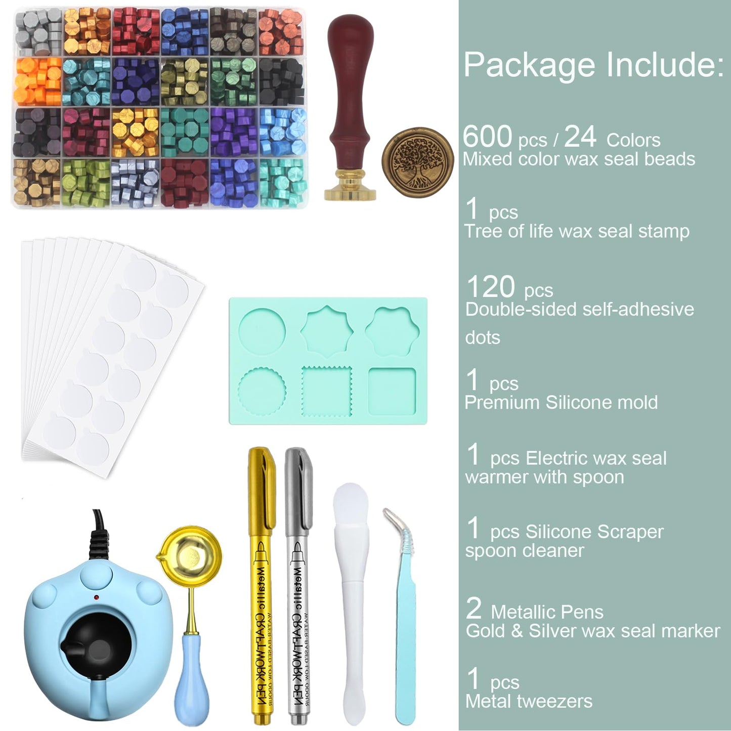 Andotopee Wax Seal Kit With 24 Colors Envelope Stamp Seals Beads 600pcs, Tree of Life Sealing Stamp, Electric Wax Seal Warmer Set, Silicone Mold, Metallic Pen, 120 Removable Sticky Dots, Spoon Cleaner