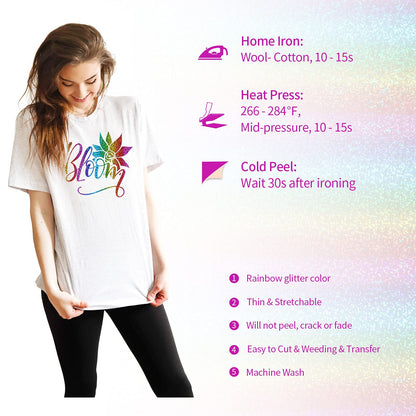 VINYL FROG Rainbow Holographic Heat Transfer Vinyl 12''x5ft Rainbow Glitter HTV Iron on Vinyl for T-Shirts, Holographic Vinyl Roll Pattern Vinyl for DIY Fabric Designs, Stretchable & Washable