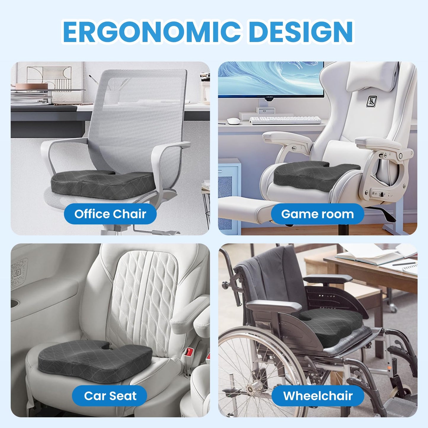 TushGuard Seat Cushion - Memory Foam Cushion for Office Chair, Car Seat, Airplane, Bleacher - Sciatica & Hip & Coccyx Pain Relief Desk Chair Cushion for Long Sitting Office Workers, Car Drivers