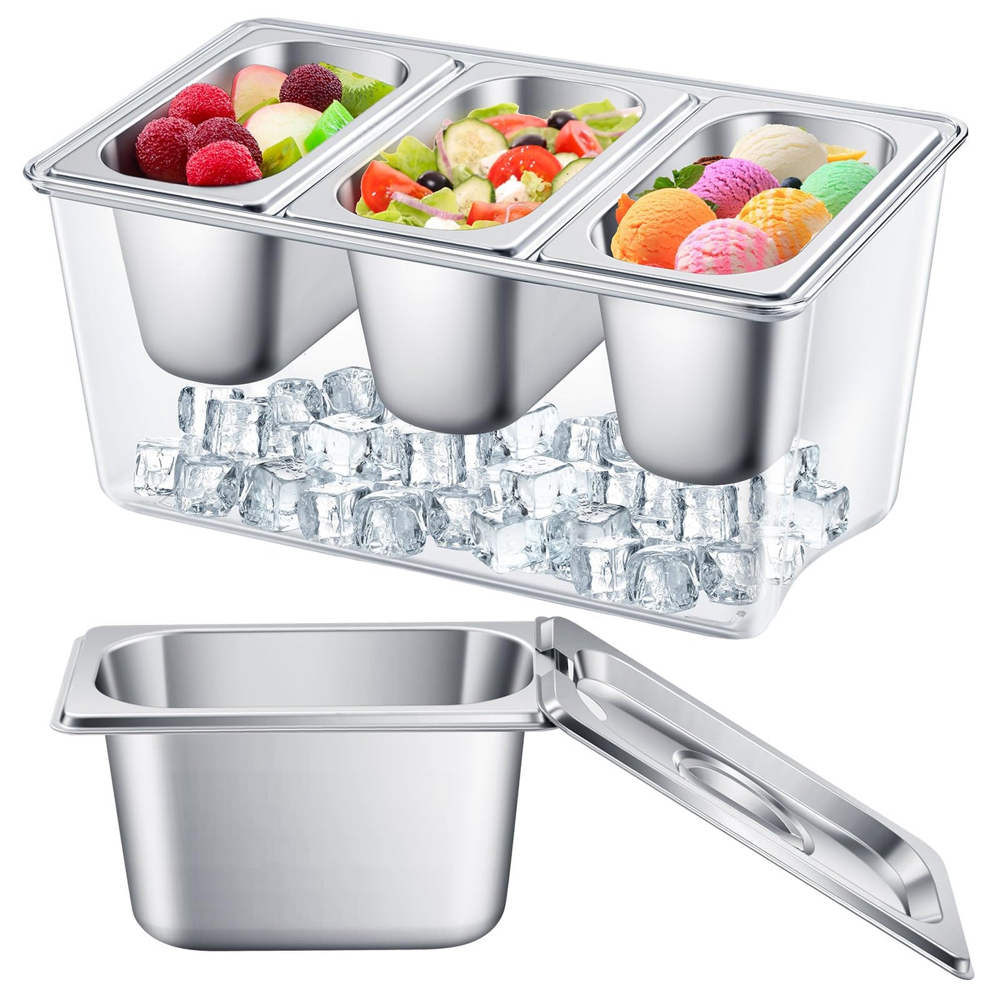 Singhoow 3 Containers Ice Chilled Condiment Caddy 30.5 oz Stainless Steel Serving Dish with Lids (3.75 Cup) for Bar Cold Accessories Hummus Fruit Salad Sauces Party Restaurant Serving Supply