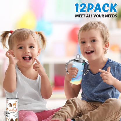Zubebe 12 Pack 12 oz Sublimation Sippy Cups Blanks 2 in 1 Kids Tumbler with 2 Lids Stainless Steel Toddlers Sublimation Cups Water Bottle with Straws, 2 Heat Tape, 12 Transfer Coating, Coaster, Brush