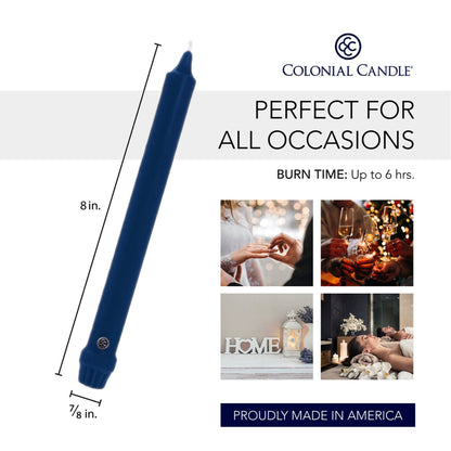 Colonial Candle Unscented Taper Candle, Classic Collection, Indigo, 8 In, Pack of 12 - Up to 6 Hours Burn