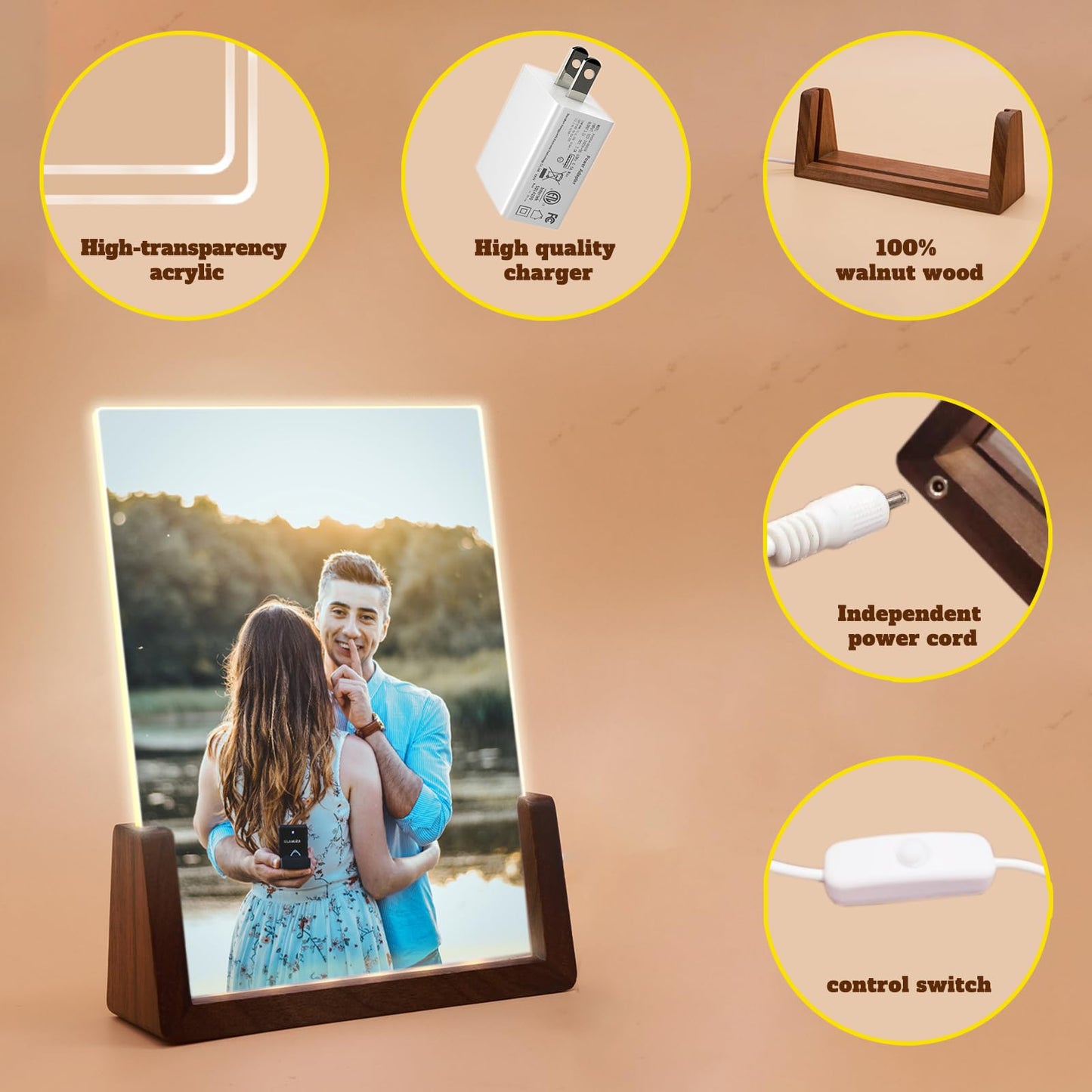 HETOOSHI Walnut Night Light Photo Frame - Illuminated Acrylic Picture Frame with Glowing Wooden Base, USB Powered Including charger, Easy Photo Swap (Vertical, 4X6 inch ﻿)