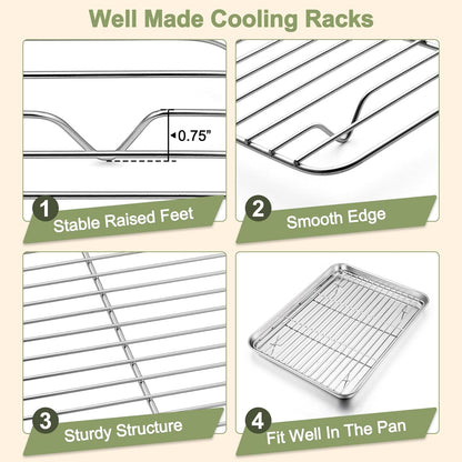 TeamFar Baking Sheet Set - 3 Stainless Steel Cookie Sheets with Racks | Non-Toxic, Heavy Duty, Dishwasher Safe, 16/12.5/9 Inch