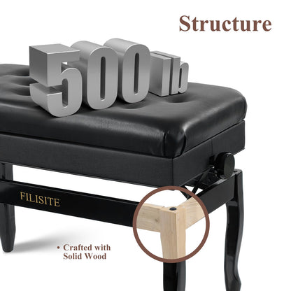 FILISITE Genuine Leather Piano Bench with Storage, Adjustable Height Keyboard Bench with High-Density Sponge Cushion,Curved Legs for Piano/Keyboard, Supports Duet Playing,Black