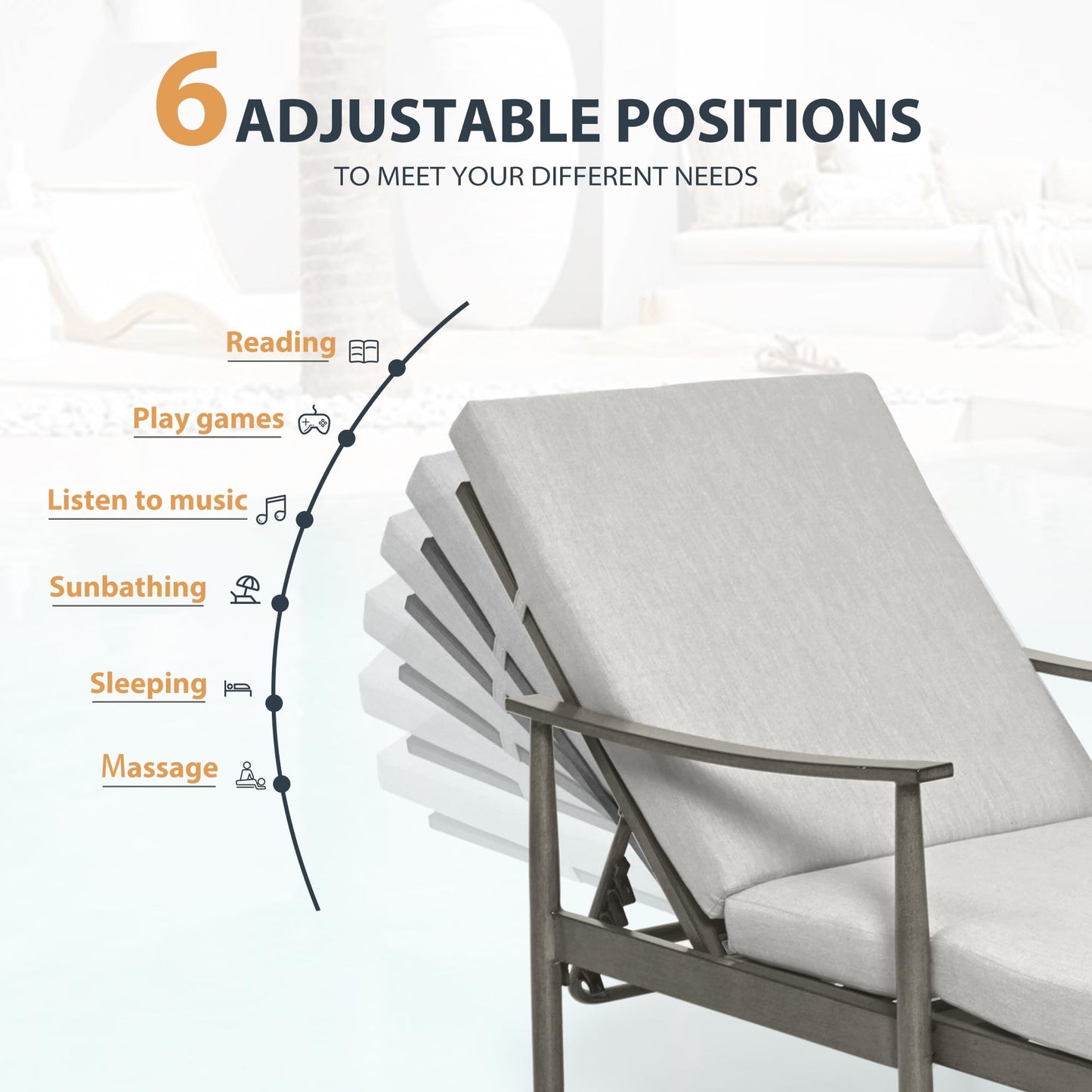 HAPPATIO Outdoor Chaise Lounge - Aluminum Pool Lounge Chair with Adjustable Backrest and Cushion, Curved Armrest, Outdoor Lounge Chair for Beach, Yard, or Poolside (Grey)